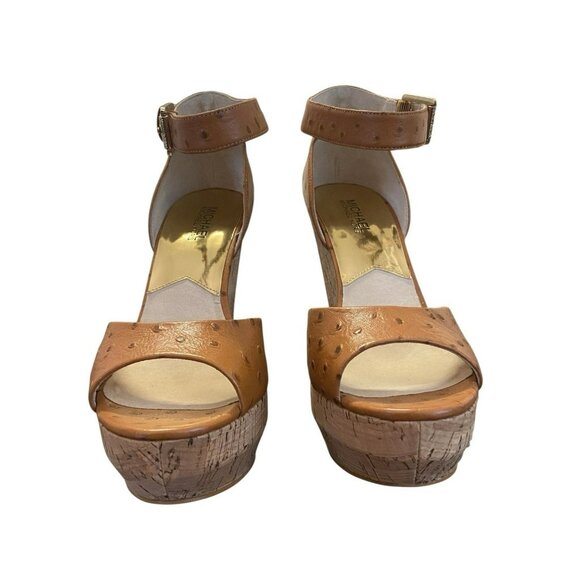 Michael By Michael Kors Ariana Wedge Platform Sandals Brown Size 9.5M Ostrich - Picture 9 of 11